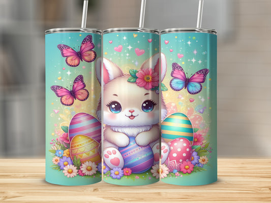 Bunny with Easter eggs and butterflies, teal background.