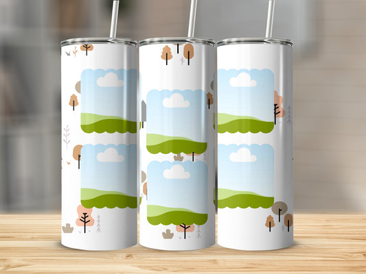 Three tumblers with a repeating pattern of cartoon trees and landscape scenes.