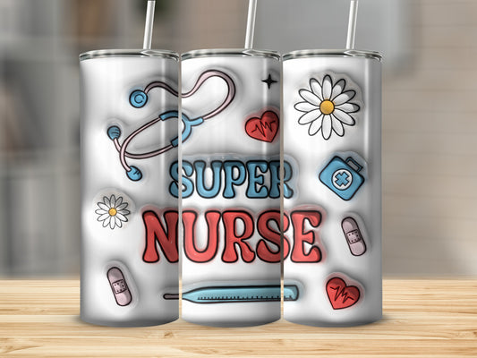 Tumbler with "Super Nurse" text and medical icons like stethoscope, thermometer, and daisies.