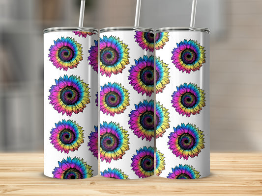 Three stainless steel tumblers with a psychedelic sunflower design.