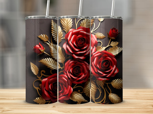Dark brown tumbler with red roses and gold leaves.