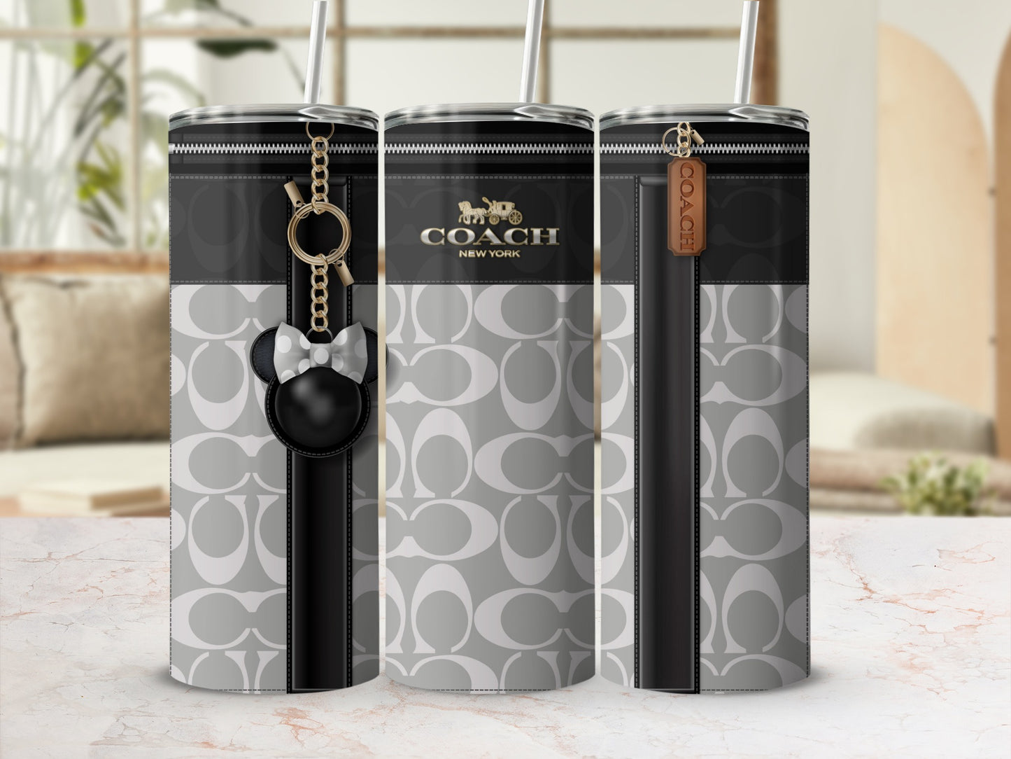 Stylish Black and Gray Pattern Tall Tumbler with Straw