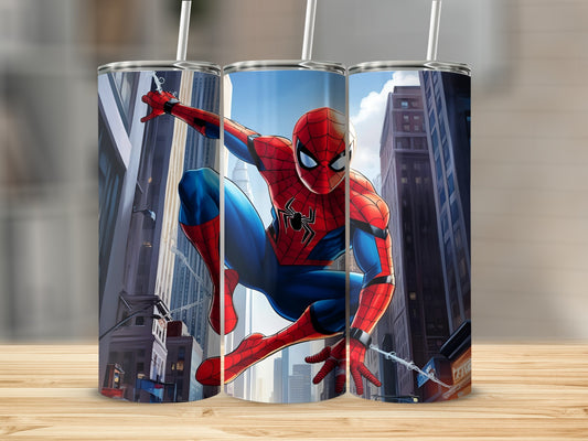 Spider-Man leaping forward with city buildings in the background.