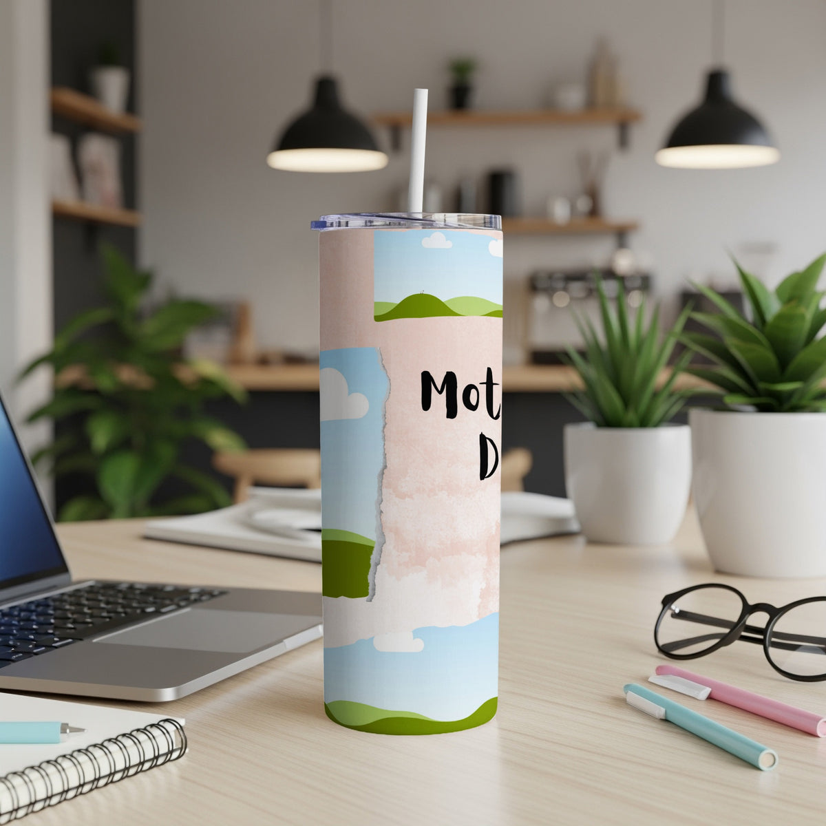 Tumbler with Mother's Day text and scenic landscape design.