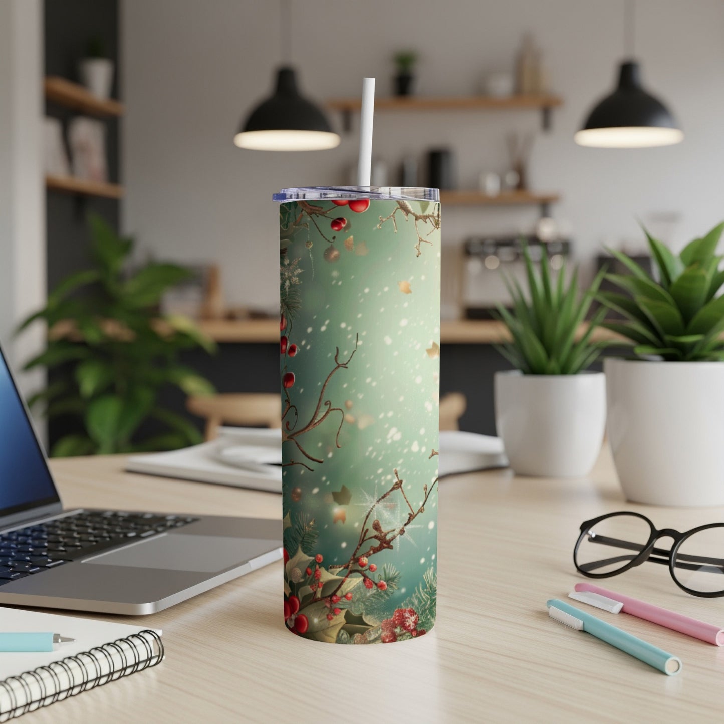 Christmas holly and berries pattern on a white tumbler with a straw.