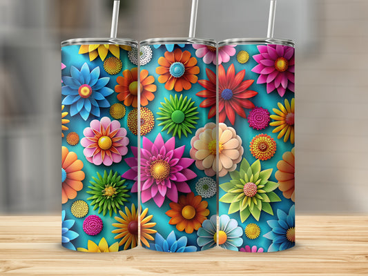 Three teal tumblers adorned with vibrant, textured floral patterns.