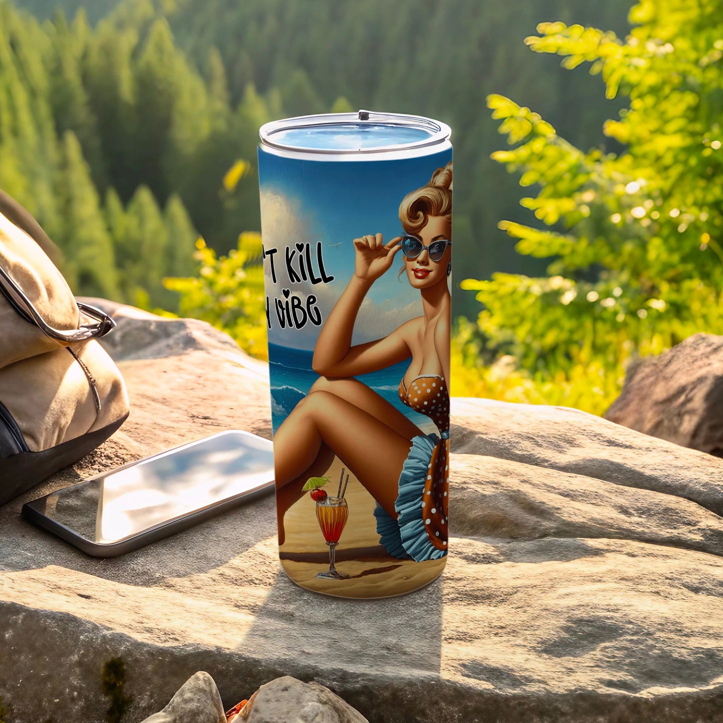 "Tiki" themed tumbler with woman in sunglasses and cocktail on beach.