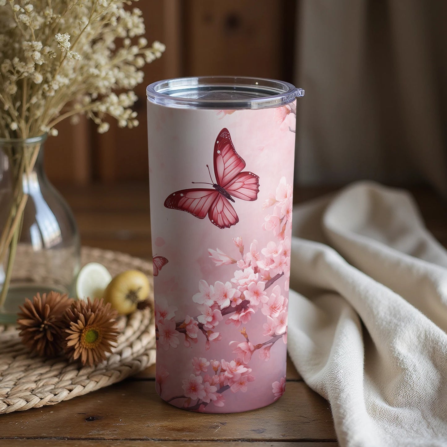 Pink Butterfly and Cherry Blossoms Tumbler for Sale