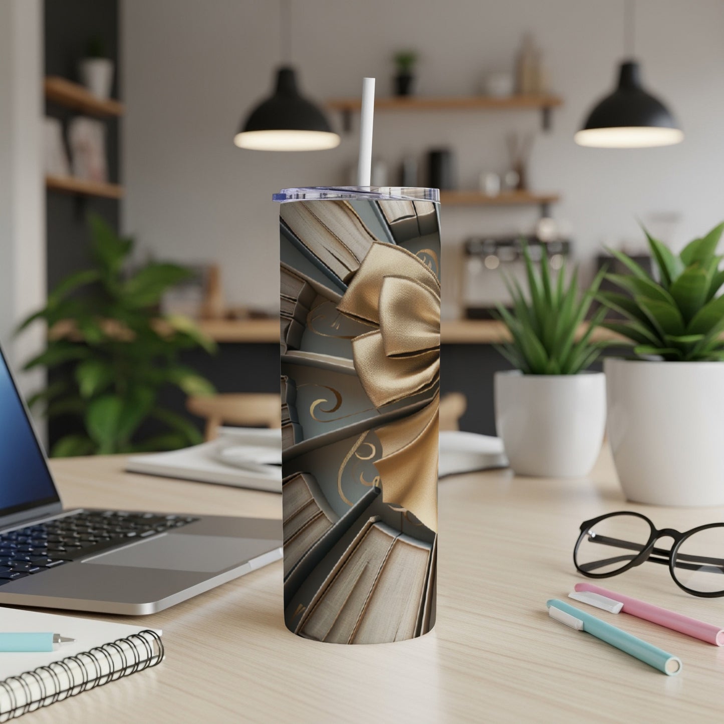 Tall tumbler with an antique book and gold ribbon design.