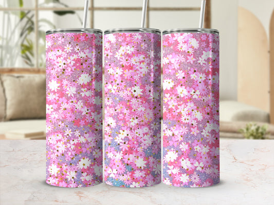Pink Floral Pattern Tumbler with Straw