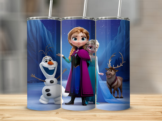 Olaf, Anna, Elsa, and Sven from Frozen in a snowy forest scene.