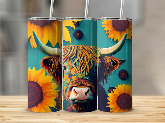 Highland cow with sunflowers on teal background, presented on three tumblers.