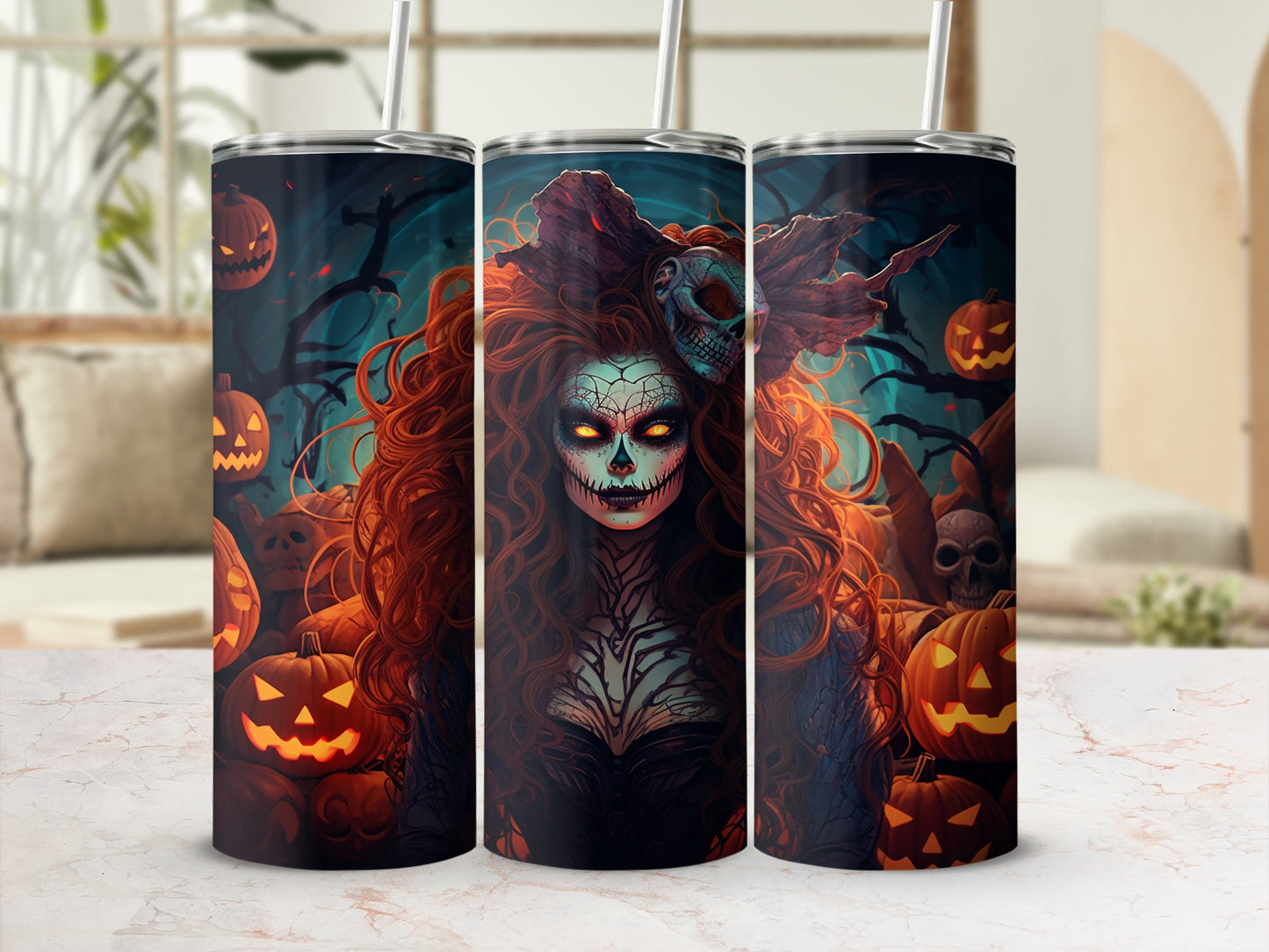 Spooky Halloween Themed Pumpkin and Witch Tumbler