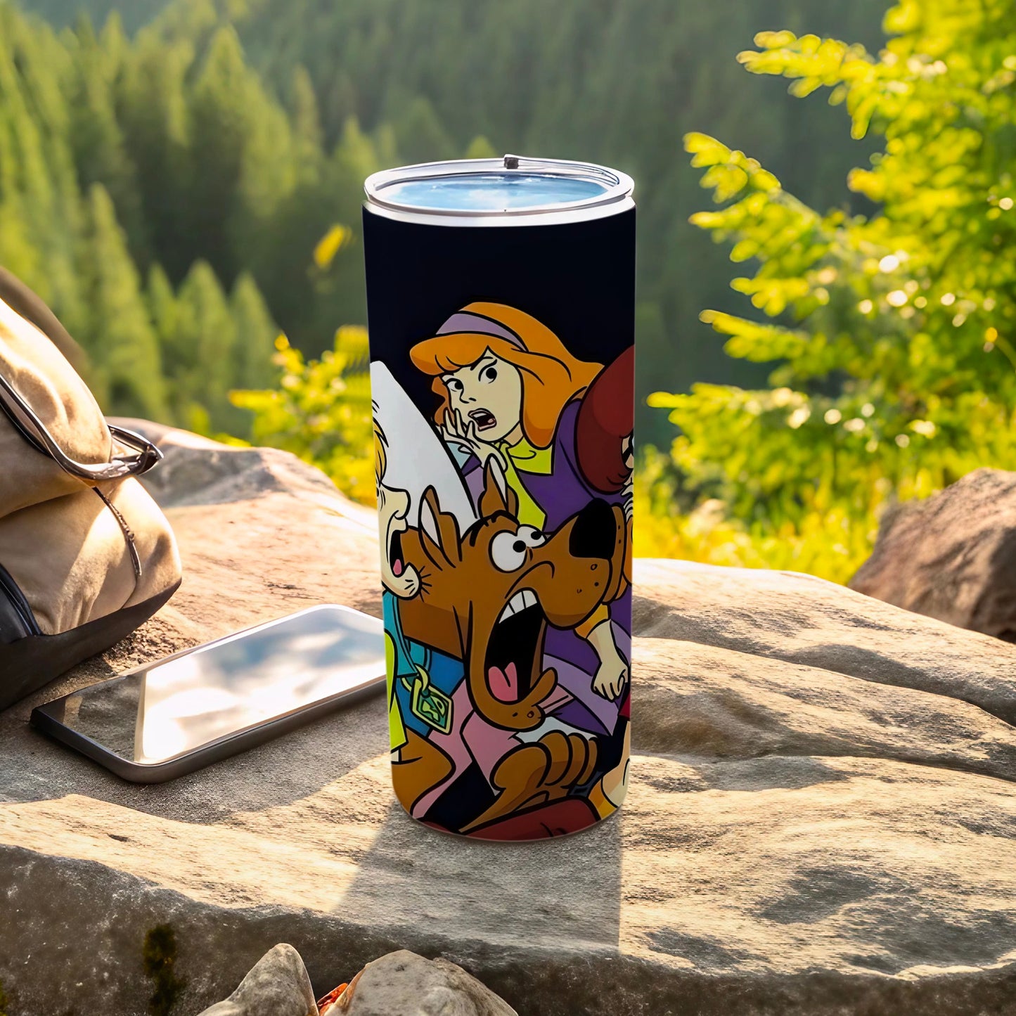 Scooby-Doo characters on a black background on a tumbler.