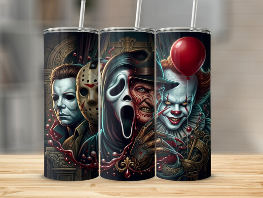 Three tumblers featuring horror movie villains: Michael Myers, Ghostface, Freddy Krueger, and Pennywise.