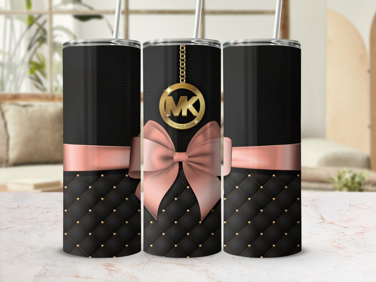 Elegant Quilted Black and Pink Bow Tumbler Design