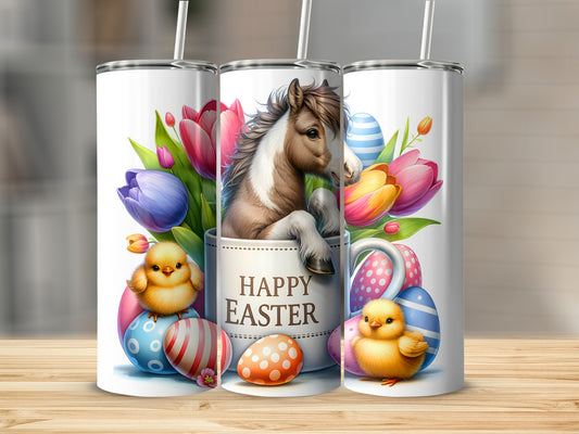 Easter tumbler with horse, chicks, tulips, and decorated eggs.