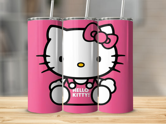 Hello Kitty tumbler with pink background and text "Hello Kitty!".