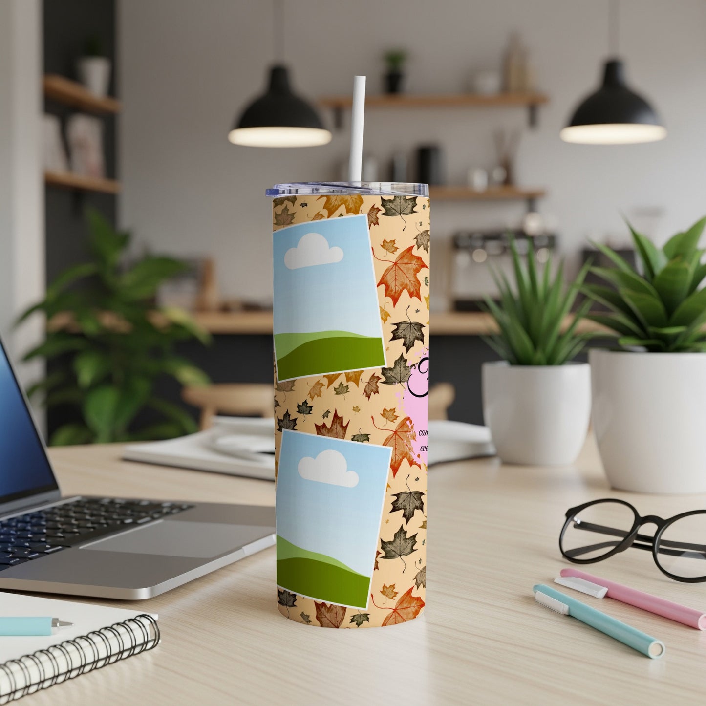 Tumbler with fall leaf pattern and photo placeholders, featuring a straw.
