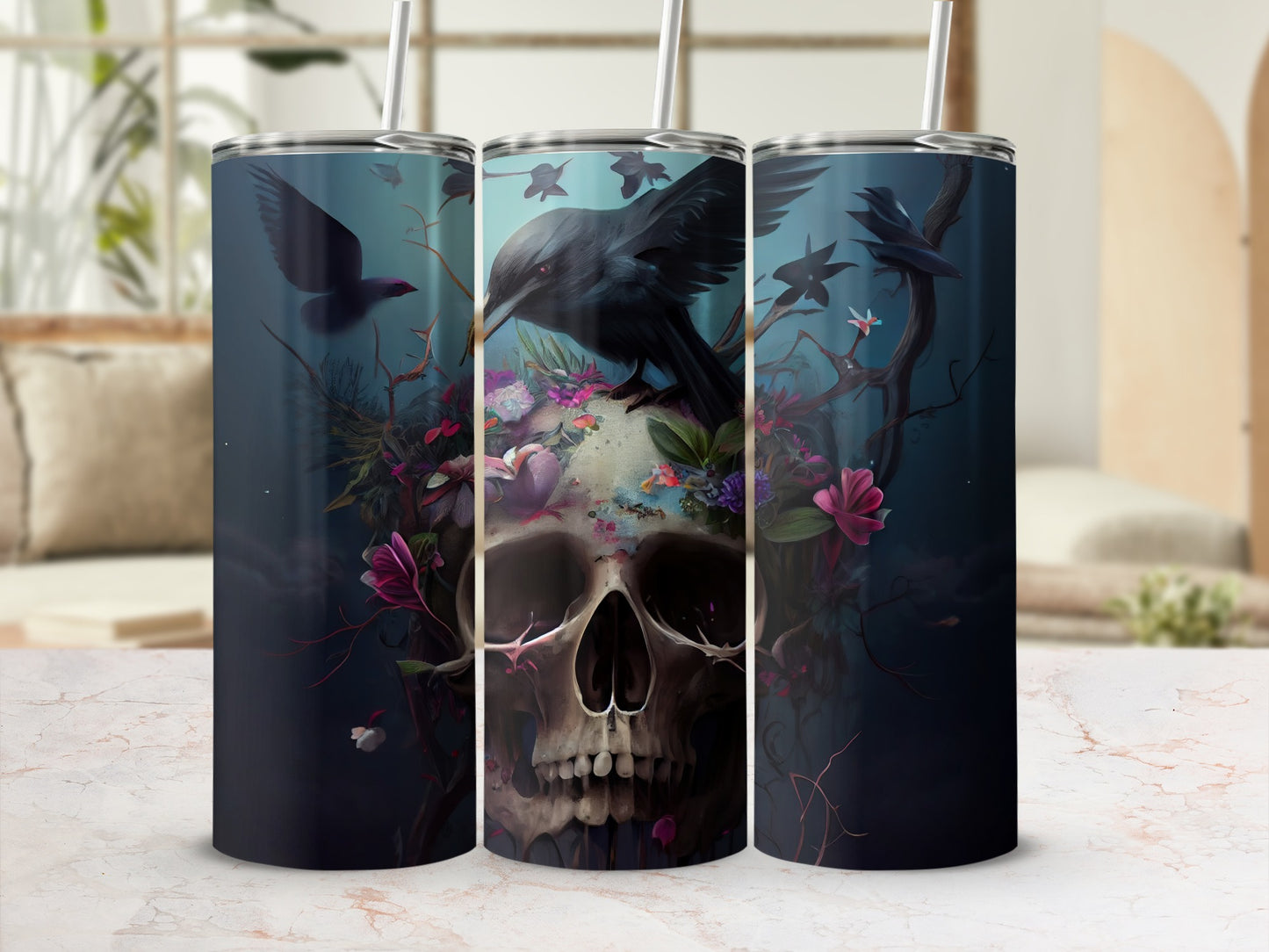 Skull with Flowers and Ravens Tumbler