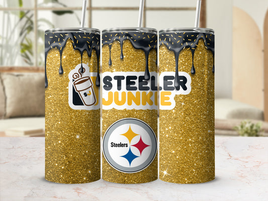 Steeler Junkie Glitter Tumbler with Straw Stainless Steel