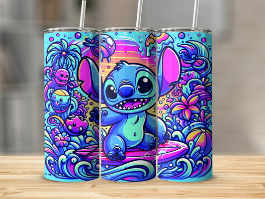 Stitch character riding a surfboard with colorful, playful background.