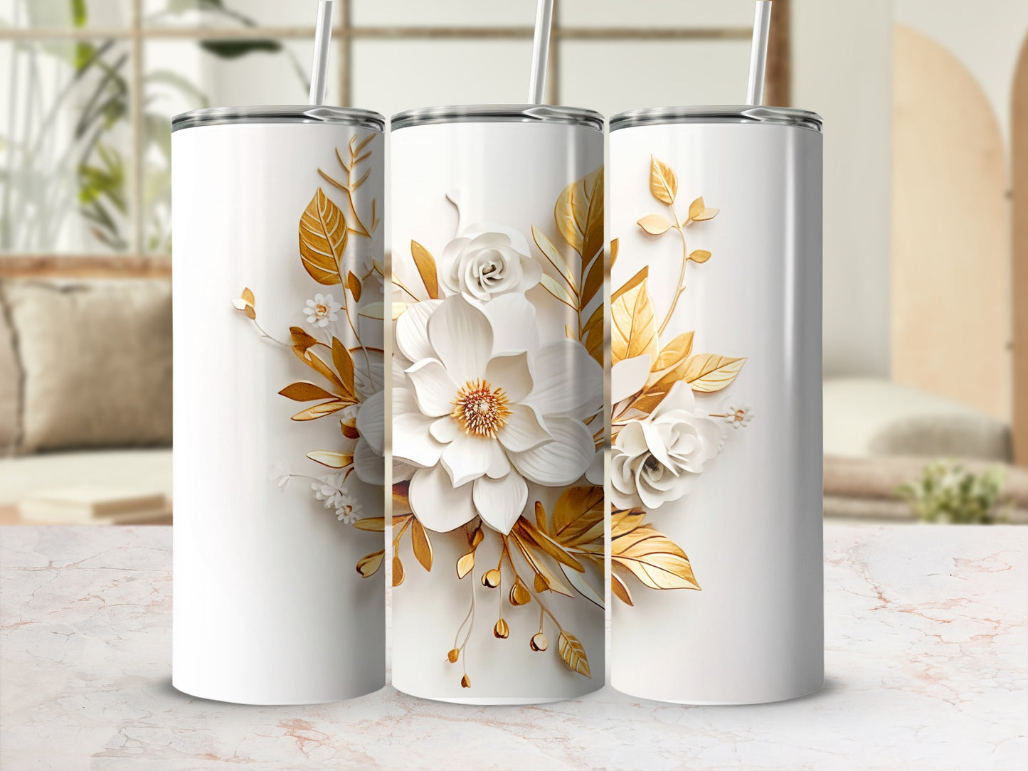 Elegant White and Gold Floral Patterned Tumbler