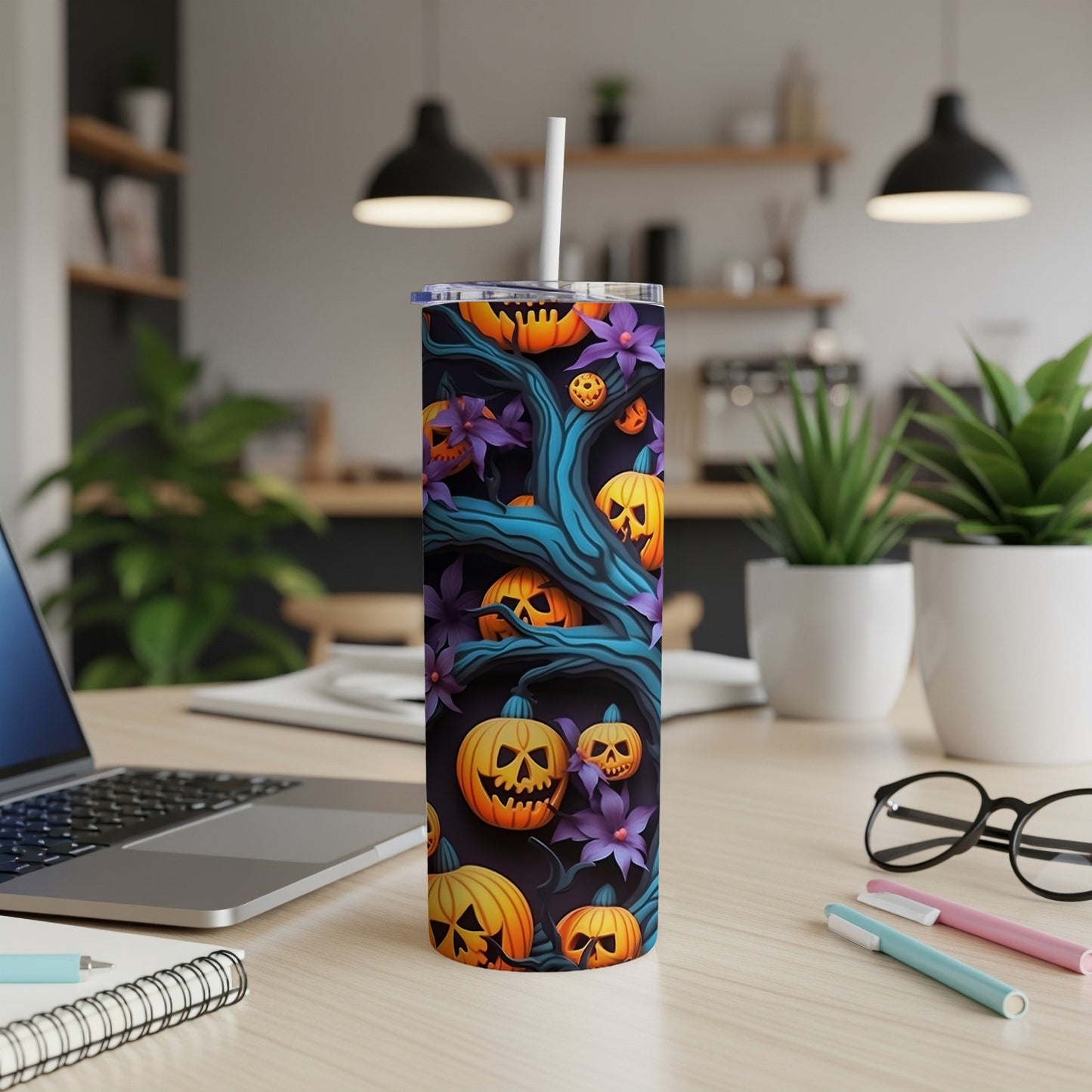 Tall tumbler with a Halloween-themed design of pumpkins on a dark, vine-covered tree.