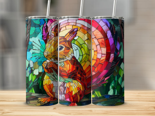 Squirrel stained glass tumbler with colorful rainbow background.