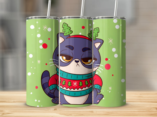 Grumpy Cat in Christmas Attire Tumbler with Straw