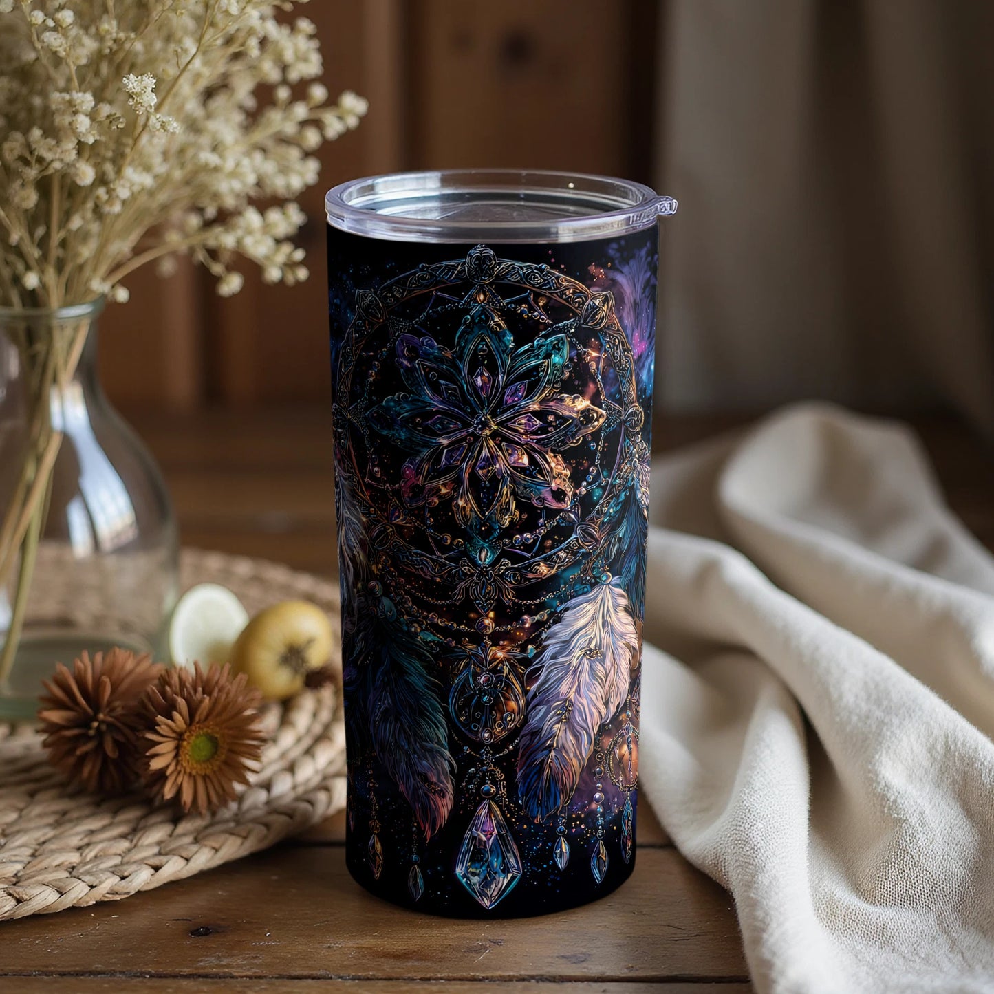Floral Dreamcatcher and Feathers Art Tumbler
