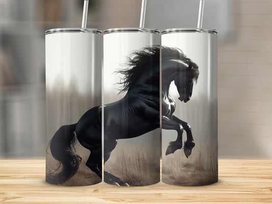 Black horse rearing up in a field, depicted on three tumblers.