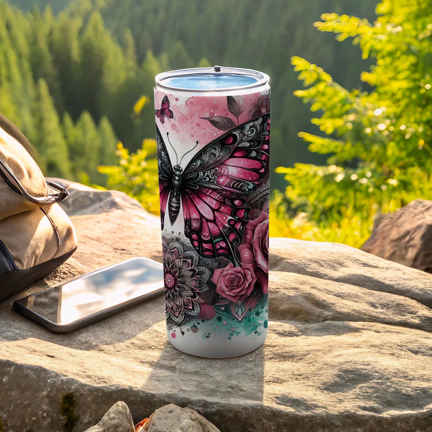 Pink Butterfly Rose Mandala Art Design Tumbler product type