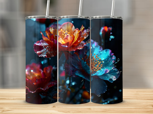 Three tumblers featuring vibrant, dewy close-ups of exotic flowers.