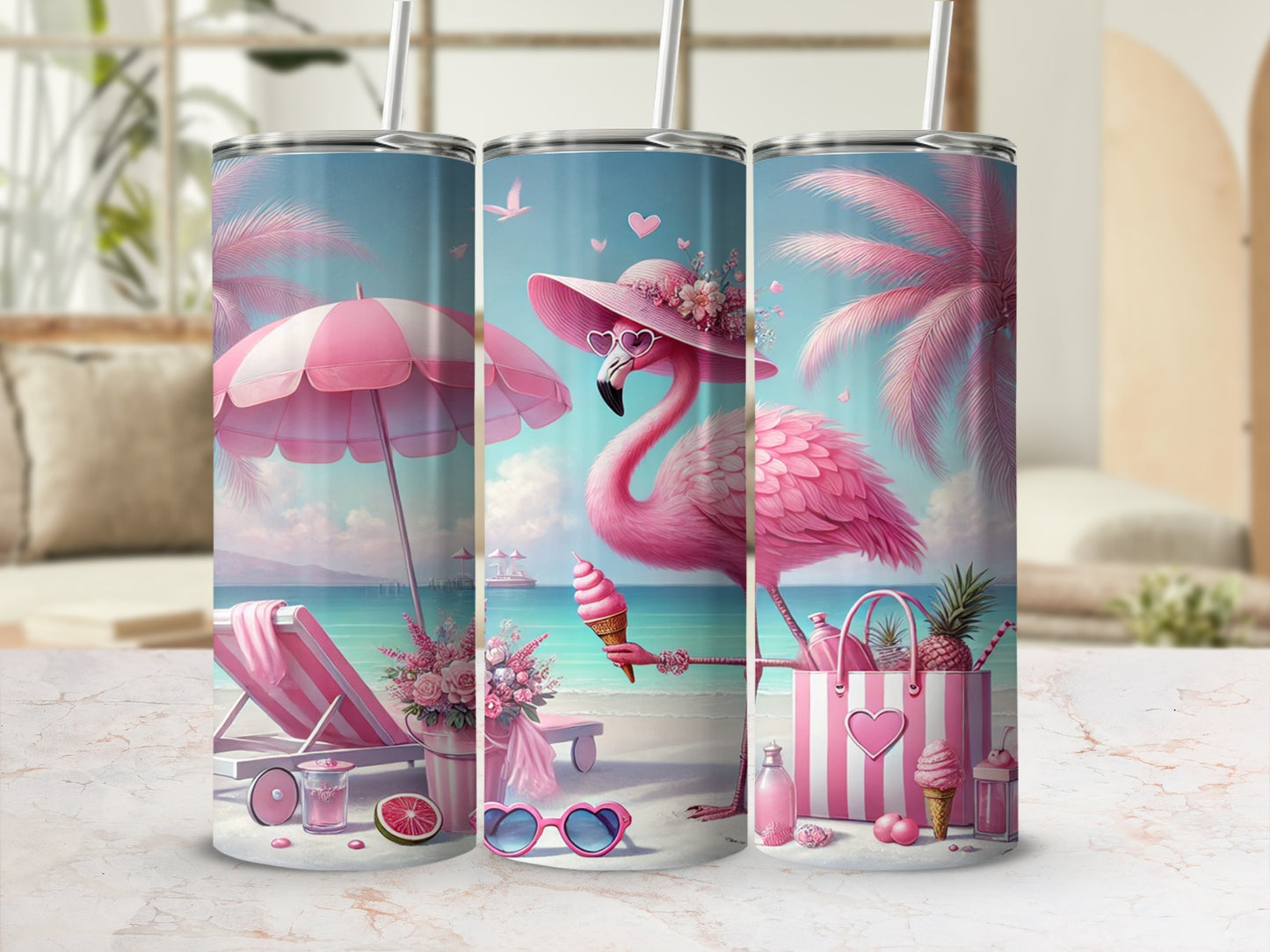 Tropical Flamingo Beach Scene Tumbler Set With Straws