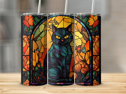 Black cat in stained glass with floral accents.