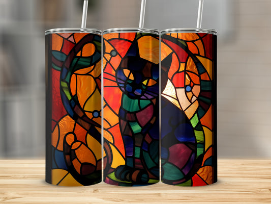 Stained glass cat on a tumbler with colorful mosaic pattern.
