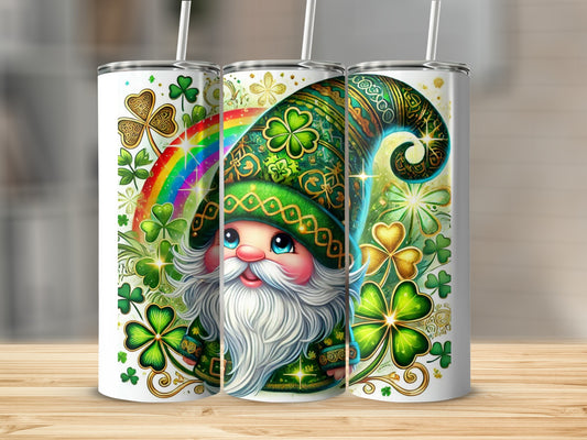 St. Patrick's Day gnome with shamrocks and rainbow on a tumbler.