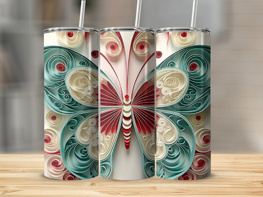 Triptych of tumblers featuring a detailed quilled paper butterfly design.