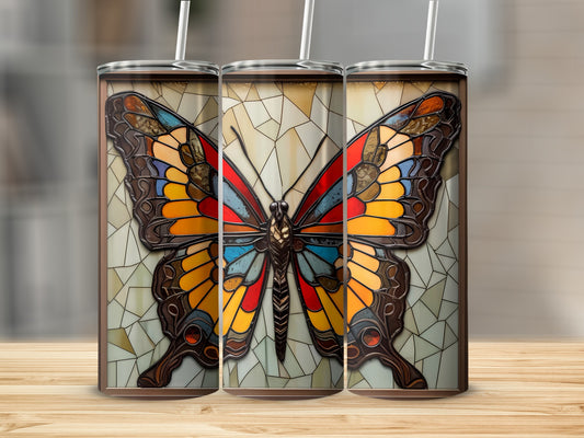 Three tumblers featuring a stained glass butterfly design.