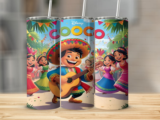 Coco movie character Miguel playing guitar with dancers at a festival.