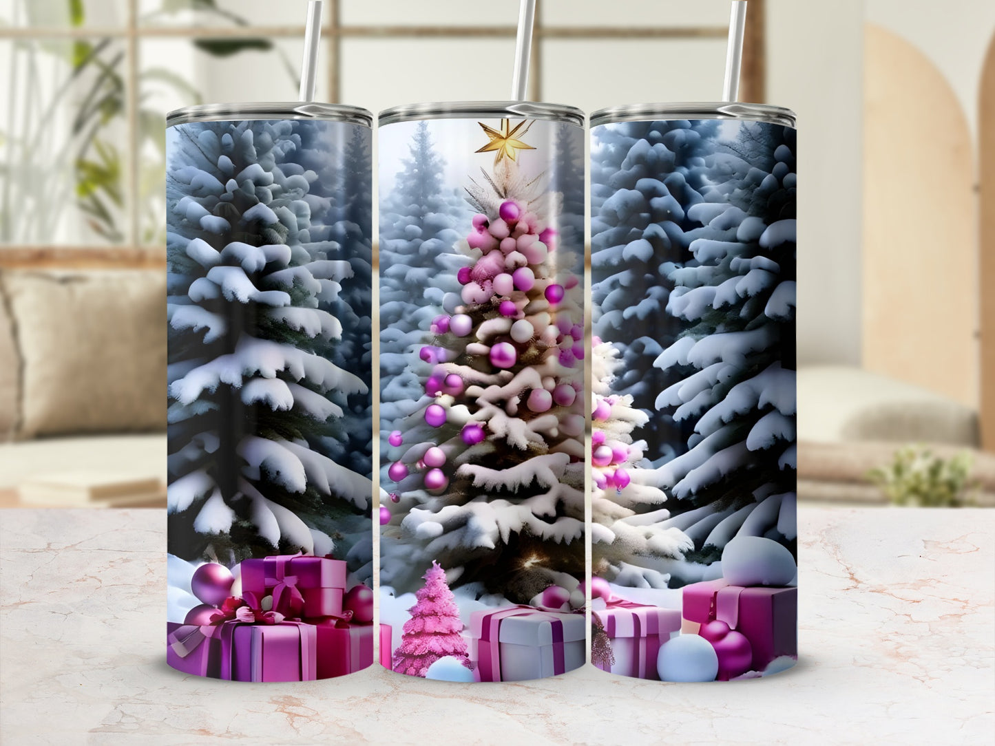 Vibrant holiday tumblers with snowy scene and gifts