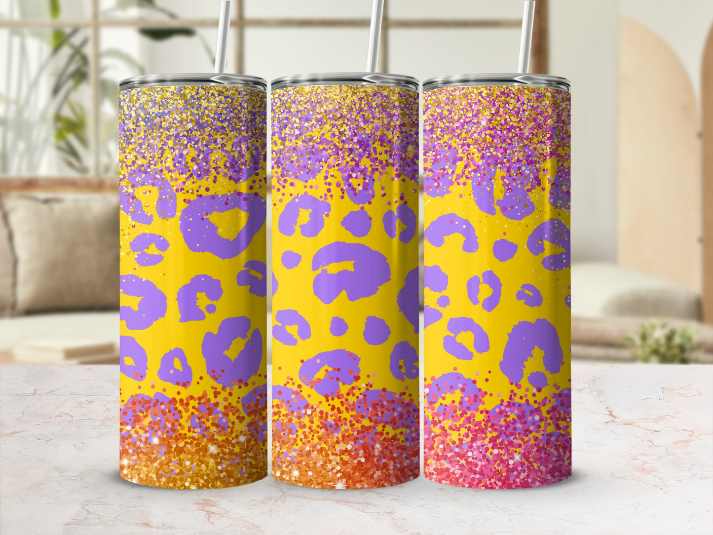 Vibrant Leopard Print and Glitter Tumbler Cup Design