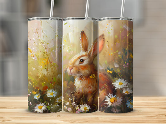 Three tumblers featuring a painted Easter bunny amidst wildflowers.