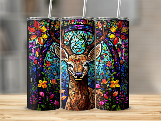 Deer with colorful floral stained glass background on three tumblers.