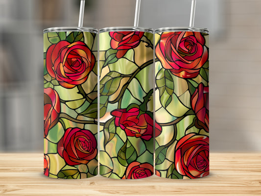 Three tumblers with stained glass rose pattern.