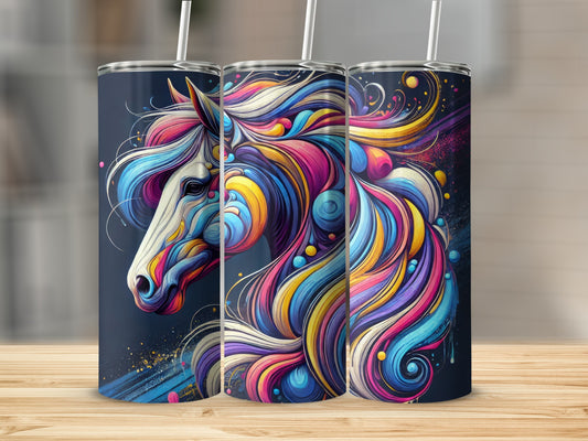 Three colorful, abstract horse heads on tumblers with straws.