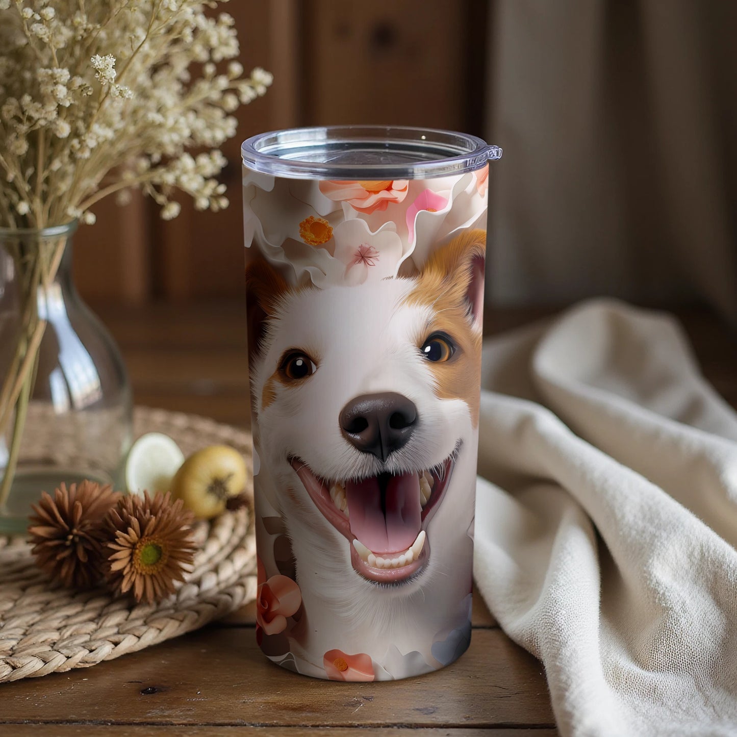 Happy Dog Face Floral Design Tumbler product type