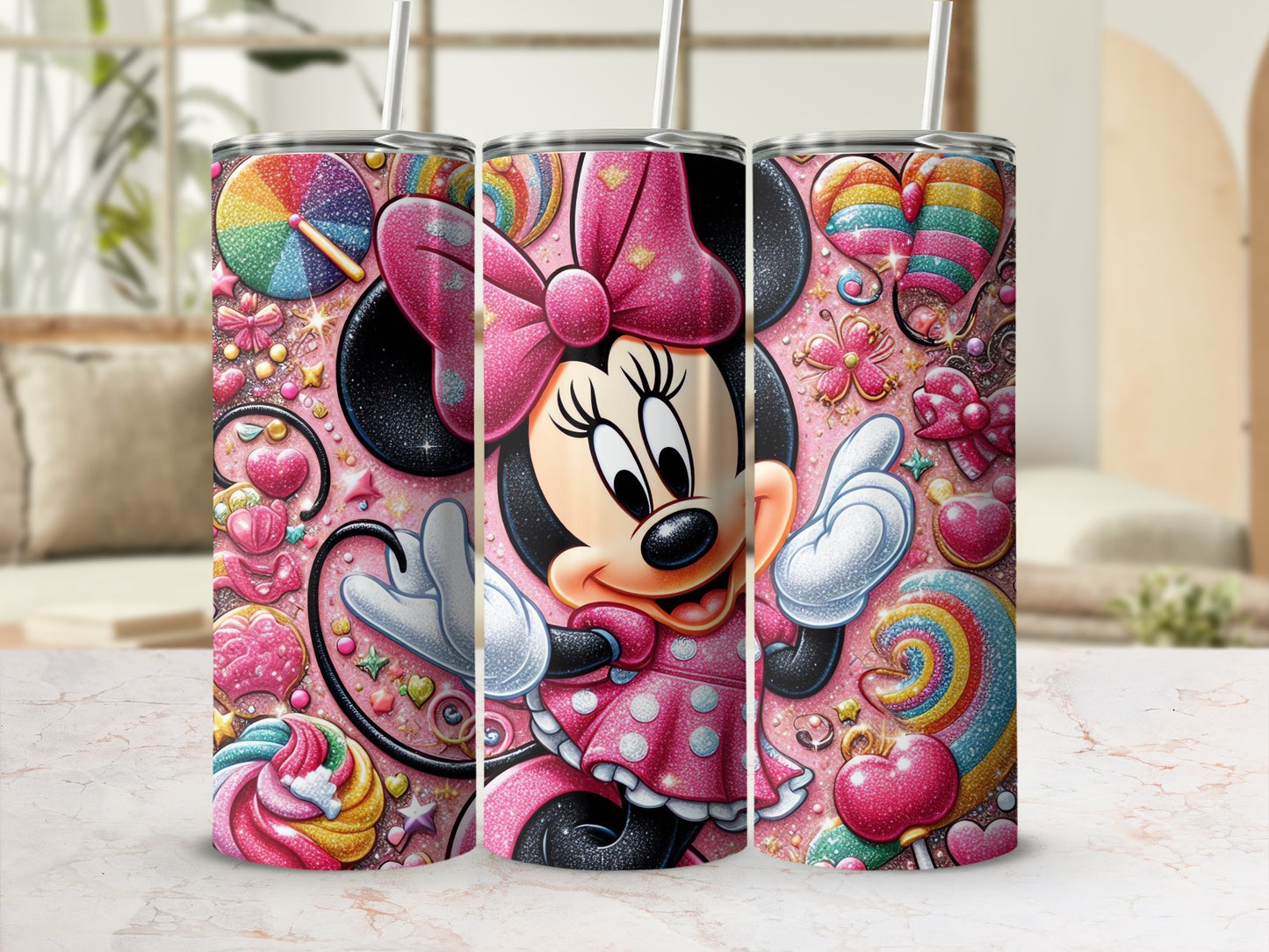 Colorful Minnie Mouse Tumbler with Candy Design