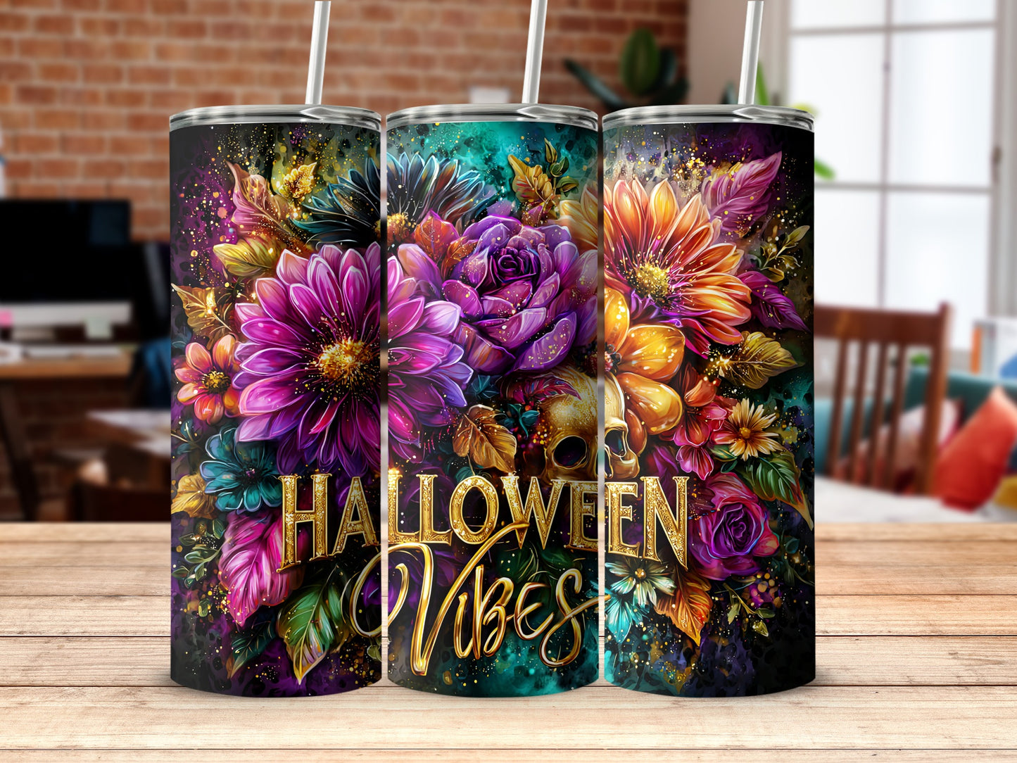 Floral Halloween Vibes Tumbler with Colorful Flowers Design